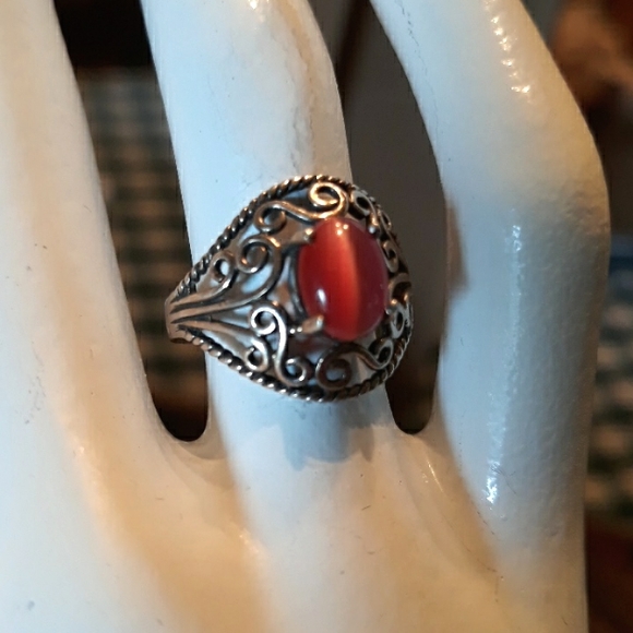 VTG Filigree Sterling Silver Pink Cat's Eye Ring - Picture 6 of 8